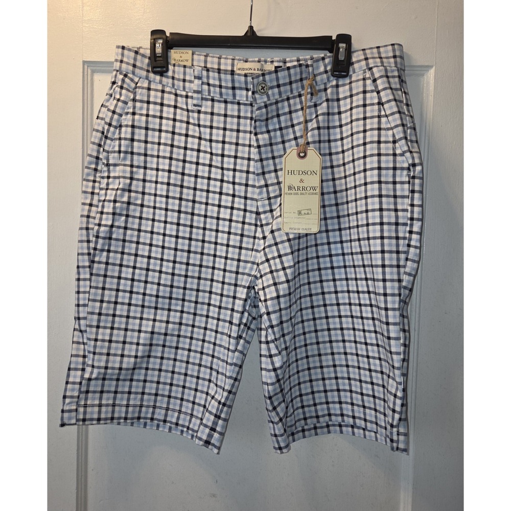 NWT Hudson & Barrow Mens Size 36 Navy Blue White Plaid Chino Shorts Cotton Golf